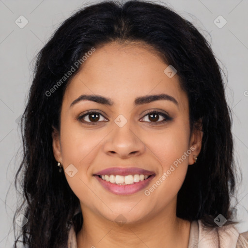 Joyful latino young-adult female with long  brown hair and brown eyes