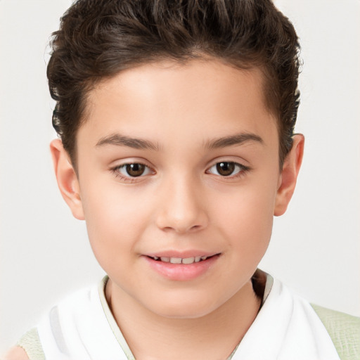 Joyful white child female with short  brown hair and brown eyes