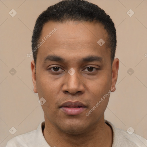 Neutral latino young-adult male with short  black hair and brown eyes