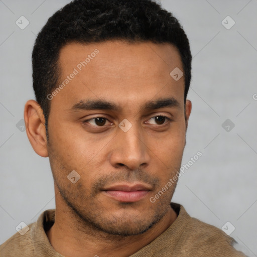 Neutral latino young-adult male with short  black hair and brown eyes