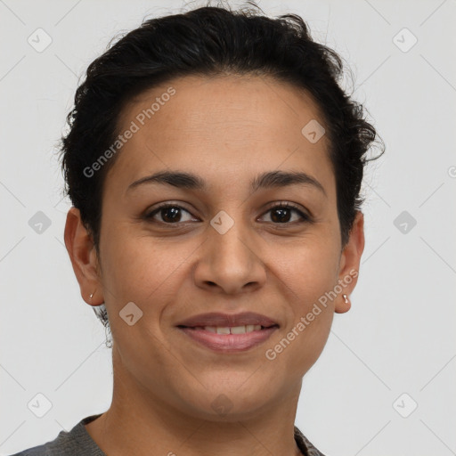 Joyful latino young-adult female with short  brown hair and brown eyes