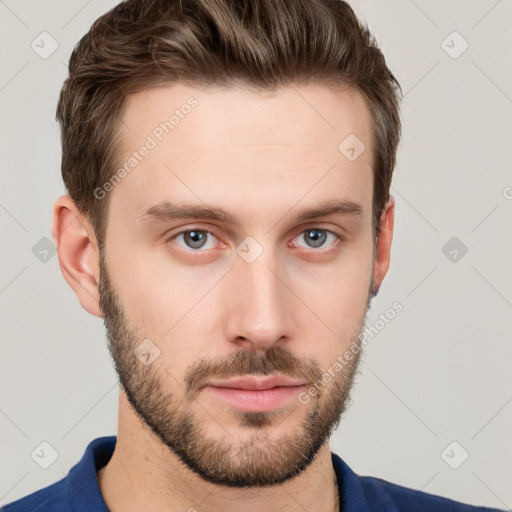 Neutral white young-adult male with short  brown hair and grey eyes