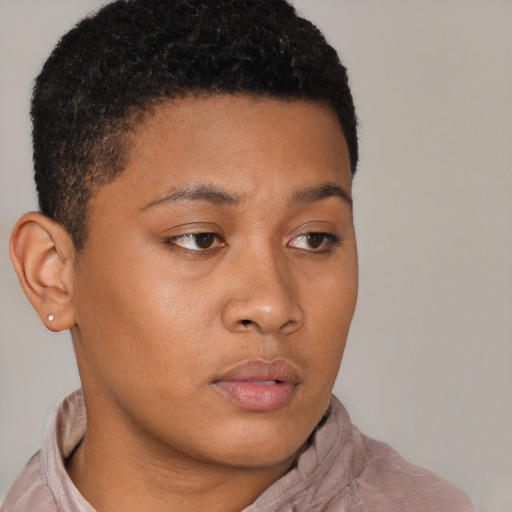 Neutral latino young-adult female with short  brown hair and brown eyes