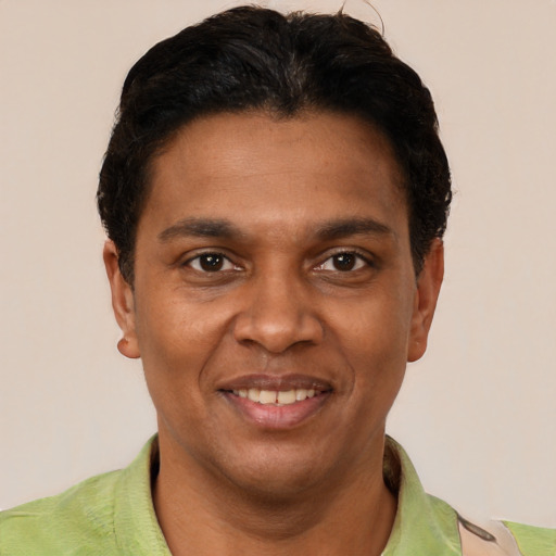 Joyful black young-adult male with short  brown hair and brown eyes