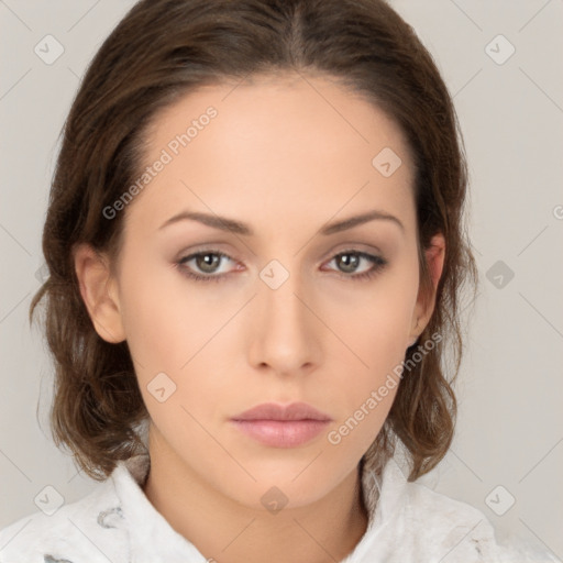 Neutral white young-adult female with medium  brown hair and brown eyes