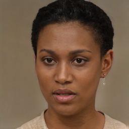 Neutral black young-adult female with short  black hair and brown eyes