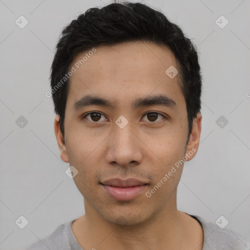 Neutral asian young-adult male with short  black hair and brown eyes