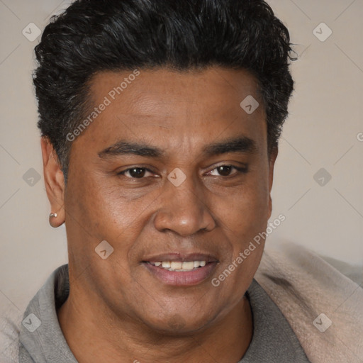 Joyful latino young-adult male with short  brown hair and brown eyes