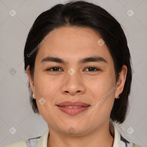 Joyful white young-adult female with medium  brown hair and brown eyes