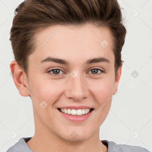 Joyful white young-adult female with short  brown hair and grey eyes