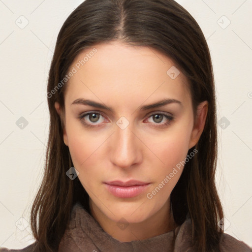 Neutral white young-adult female with long  brown hair and brown eyes