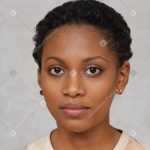 Neutral black young-adult female with short  black hair and brown eyes