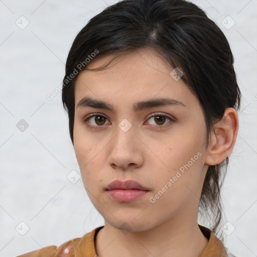 Neutral white young-adult female with medium  brown hair and brown eyes