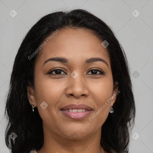 Joyful latino young-adult female with long  brown hair and brown eyes