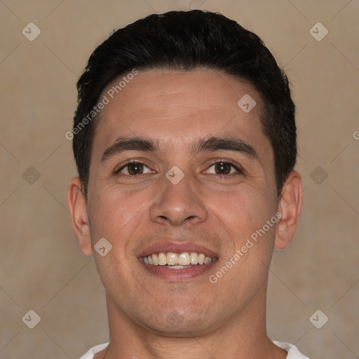 Joyful white young-adult male with short  black hair and brown eyes