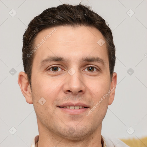 Joyful white young-adult male with short  brown hair and brown eyes