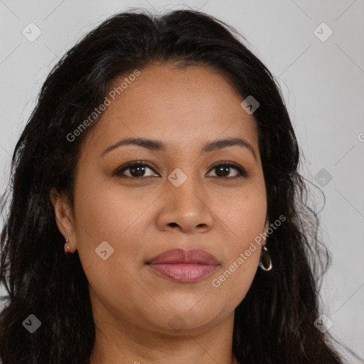 Joyful latino young-adult female with long  brown hair and brown eyes