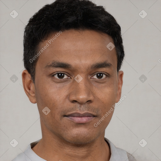 Neutral latino young-adult male with short  black hair and brown eyes