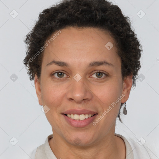 Joyful white adult female with short  brown hair and brown eyes