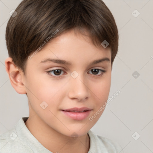 Joyful white child female with short  brown hair and brown eyes