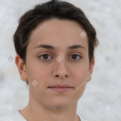 Neutral white young-adult female with short  brown hair and brown eyes