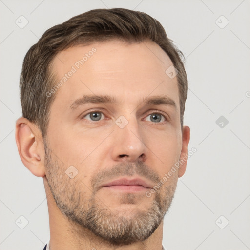 Neutral white adult male with short  brown hair and brown eyes