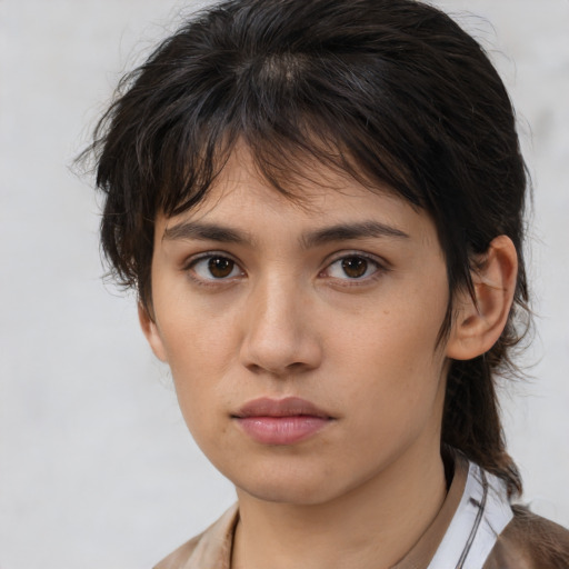 Neutral white young-adult female with medium  brown hair and brown eyes