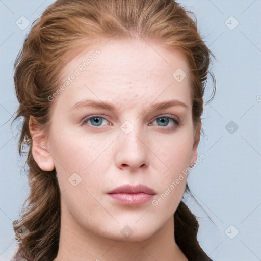 Neutral white young-adult female with medium  brown hair and blue eyes