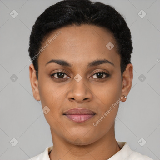 Joyful latino young-adult female with short  black hair and brown eyes