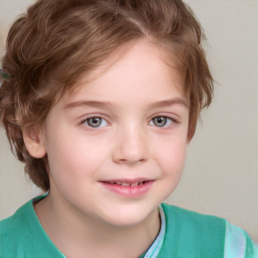 Joyful white child female with short  brown hair and brown eyes