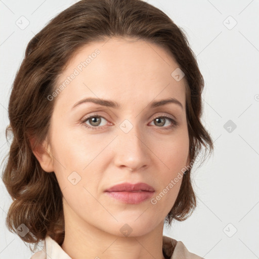 Neutral white young-adult female with medium  brown hair and grey eyes