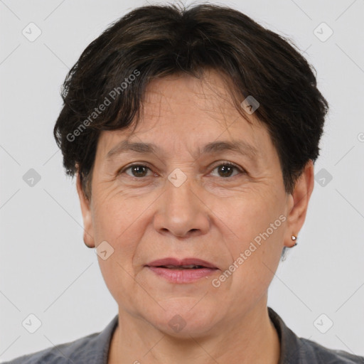 Joyful white middle-aged female with short  brown hair and brown eyes