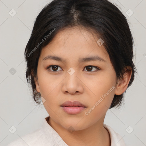 Neutral asian young-adult female with medium  brown hair and brown eyes