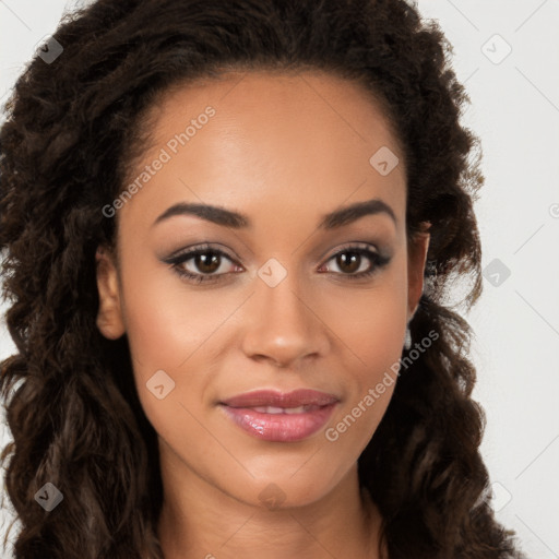 Joyful latino young-adult female with long  brown hair and brown eyes