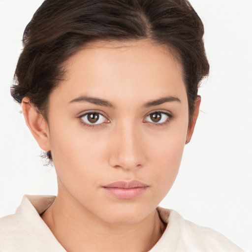 Neutral white young-adult female with medium  brown hair and brown eyes