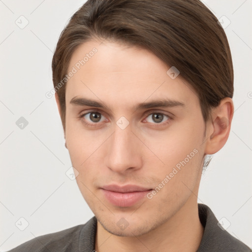 Neutral white young-adult male with short  brown hair and brown eyes