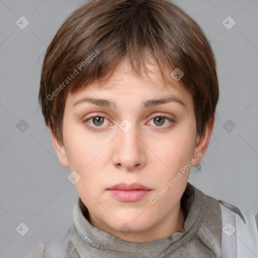 Neutral white young-adult female with short  brown hair and brown eyes