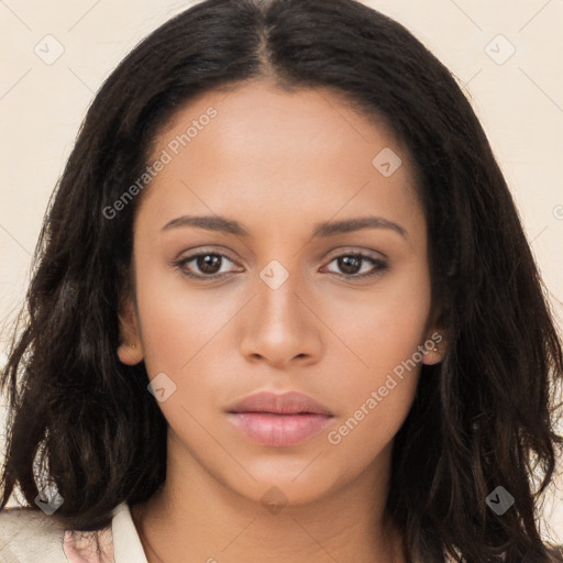 Neutral asian young-adult female with long  brown hair and brown eyes