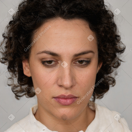 Neutral white young-adult female with medium  brown hair and brown eyes