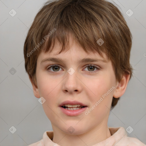 Joyful white child female with short  brown hair and brown eyes