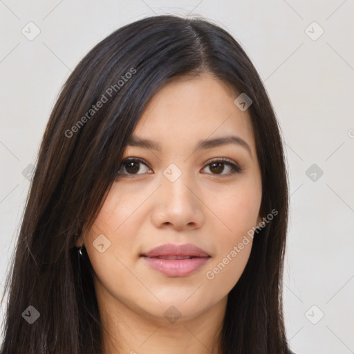 Joyful asian young-adult female with long  brown hair and brown eyes