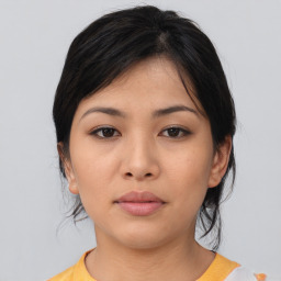 Neutral asian young-adult female with medium  black hair and brown eyes