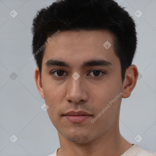 Neutral asian young-adult male with short  brown hair and brown eyes