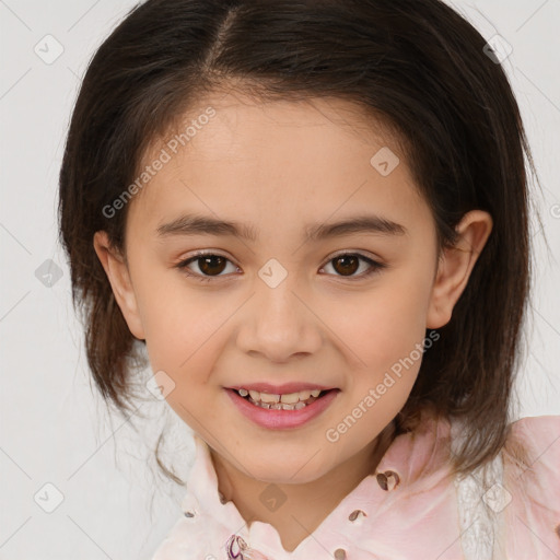 Joyful white child female with medium  brown hair and brown eyes