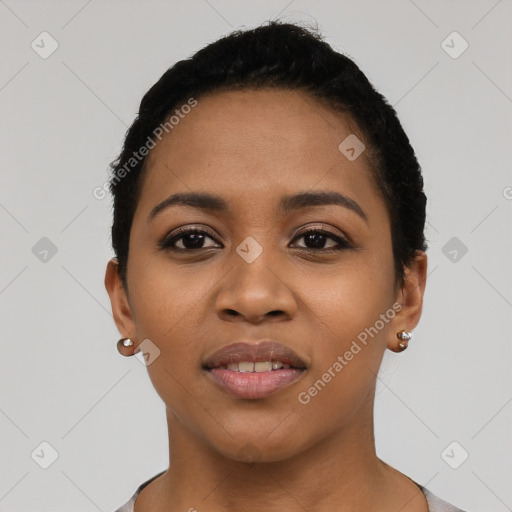 Joyful latino young-adult female with short  black hair and brown eyes