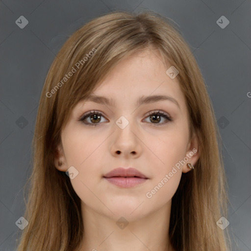 Neutral white young-adult female with long  brown hair and brown eyes