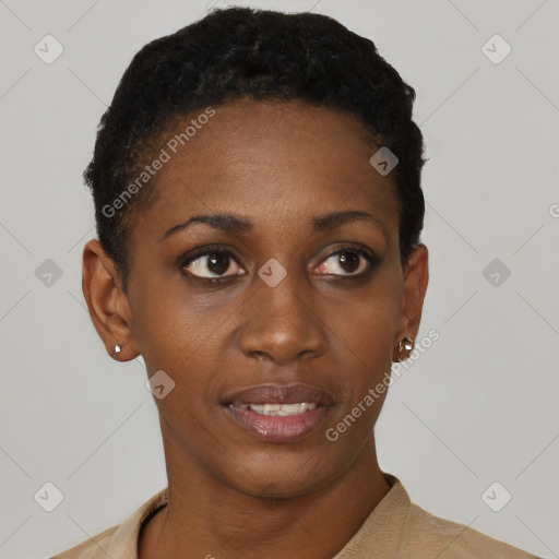 Neutral black young-adult female with short  black hair and brown eyes