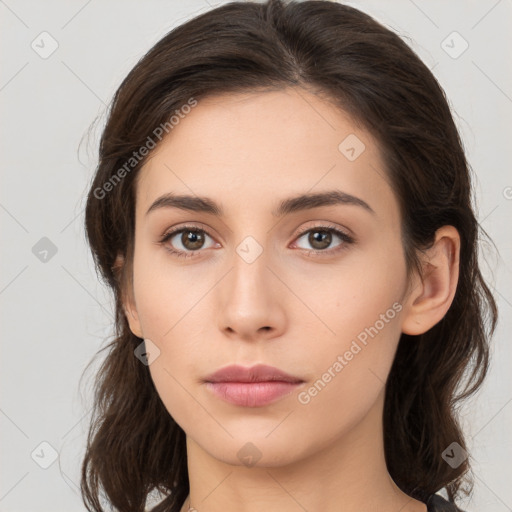 Neutral white young-adult female with medium  brown hair and brown eyes