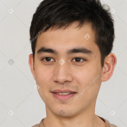 Joyful white young-adult male with short  brown hair and brown eyes