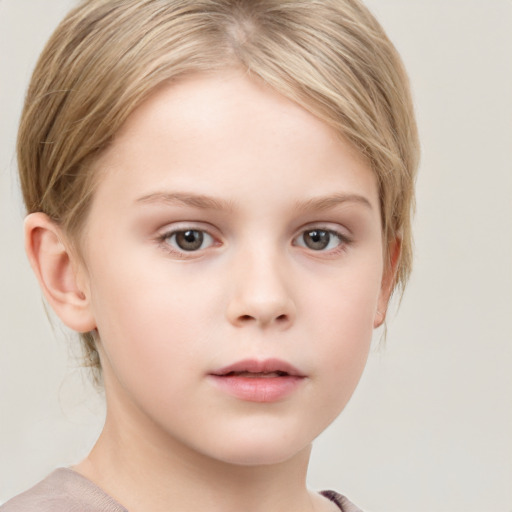 Neutral white child female with medium  brown hair and grey eyes